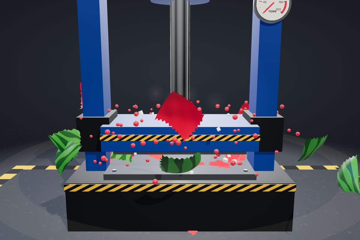 A blue hydraulic press squashing a watermelon into pieces