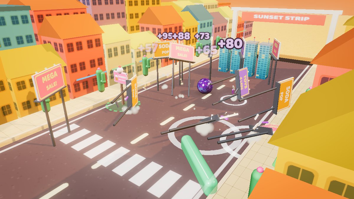 A giant purple bowling ball knocking over billboards on a colourful toy street